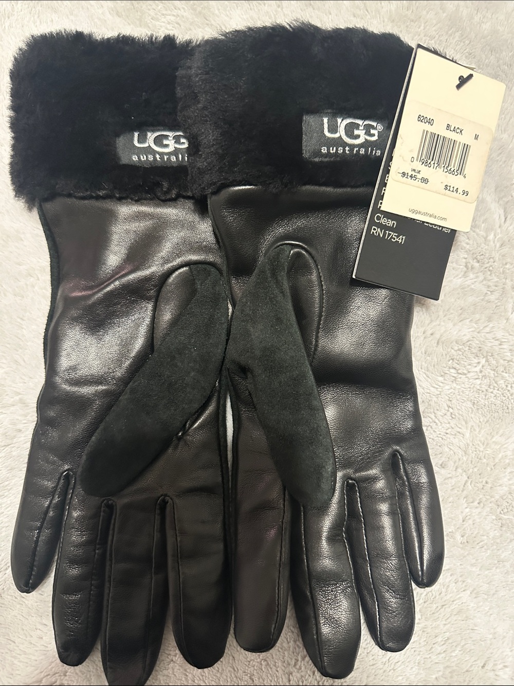 UGG Black Leather Gloves with Shearling Cuff